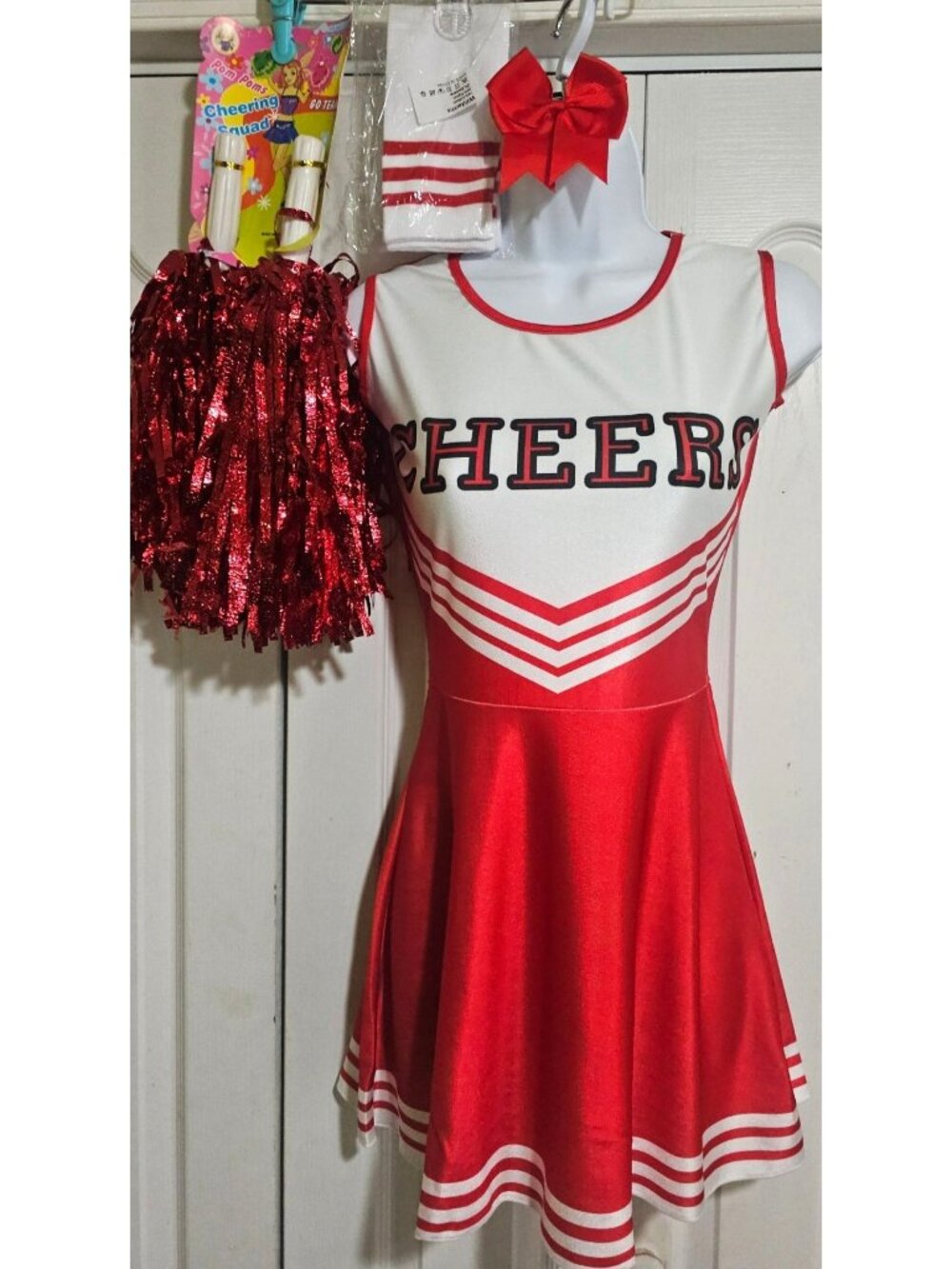 Cheerleader Costume Girl Red White Cheerleading Uniform Cheer Pom Poms Halloween